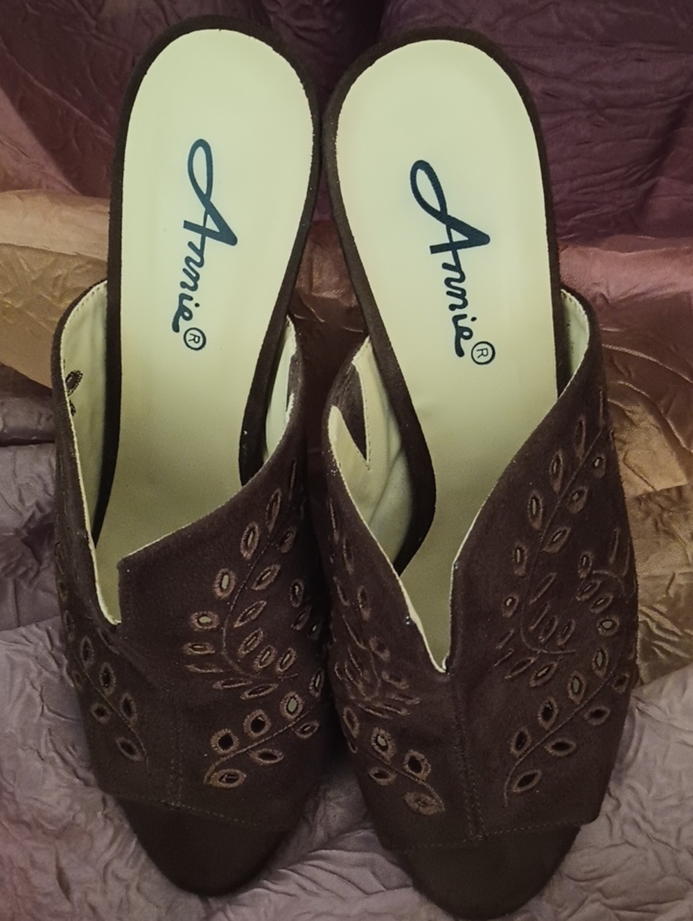 Annie Brown Suede Cutout Mule Heels